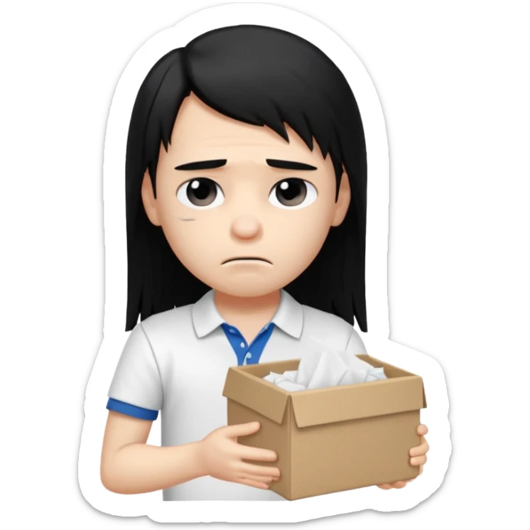 generate a pretty bratz boy with long black hair, wearing a white polo shirt. Looking sad, holding a box of tissues sticker