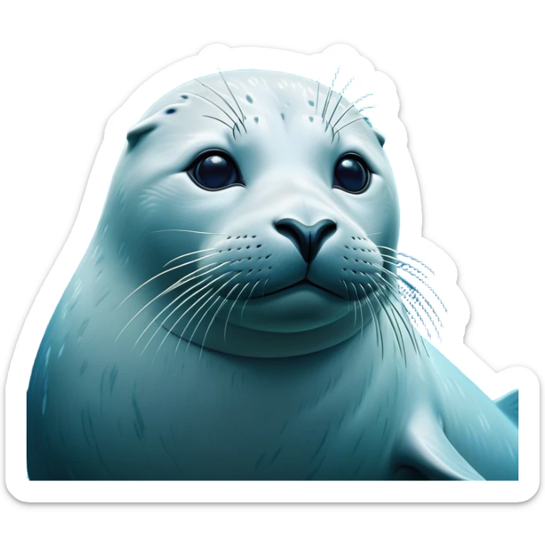 Cinematic Noble Seal Portrait Emoji, Poised and refined, with a sleek, streamlined body adorned in smooth, glossy hues and deep, soulful eyes, Simplified yet sharp and sophisticated features, highly detailed, glowing with a soft, aquatic glow, high shine, intelligent and graceful, stylized with an air of maritime elegance, focused and alert, soft glowing outline, capturing the essence of a watchful ocean guardian that feels as though it could glide out of the screen with effortless authority! sticker