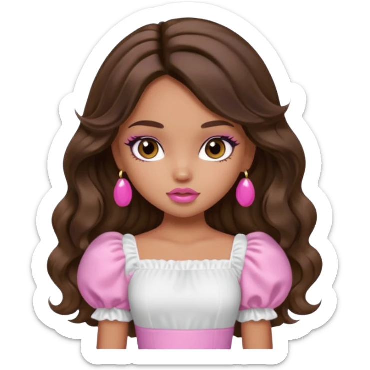 generate a pretty bratz girl with dark brown eyes in a white puff sleeve top. Pink lipgloss. Brown wavy hair long.  sticker