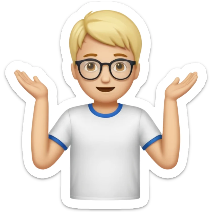 Erstell mir ein emoji von einer gut aussehenden Person. Diese sollte Männlich, ohne Bart mit Brille, guter Frisur und jung sein. Er soll sehr intelligent wirken, noch dazu sollte man sein T-shirt oder Hoodie sehen. sticker