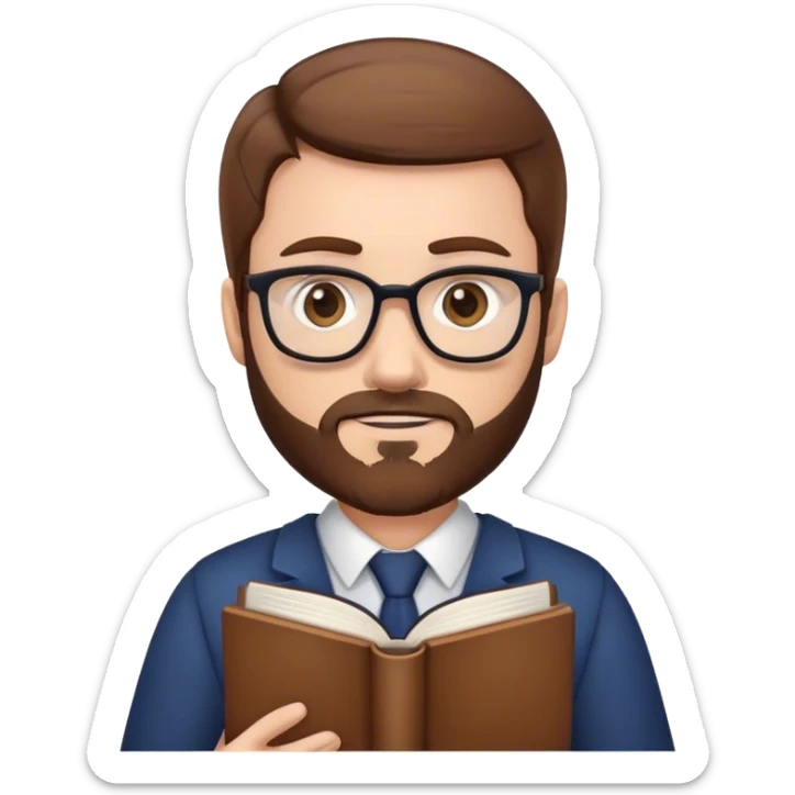 white teacher with brown hair and a brown beard holding book in iphone emoji style sticker