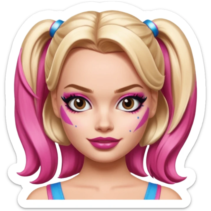 A combination of Margot Robbie as Barbie and Harley Queen (half-face) sticker