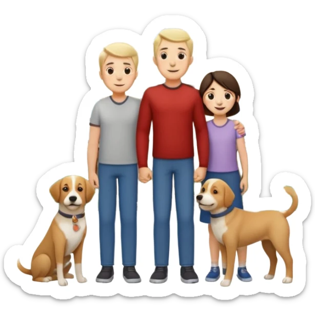 1 Father 1 Mother and 1 young boy who is half as tall as the parents, standing in front of their house with a dog next to them. Everyone should look VERY happy. There MUST be a house behind them with trees and plants sticker