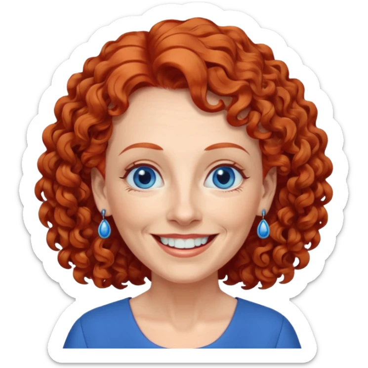 una profesora mayor simpática con el pelo rojo rizado, ojos azules, vestido azul y pendientes azules hablando altura completa sonriendo con los dientes sticker