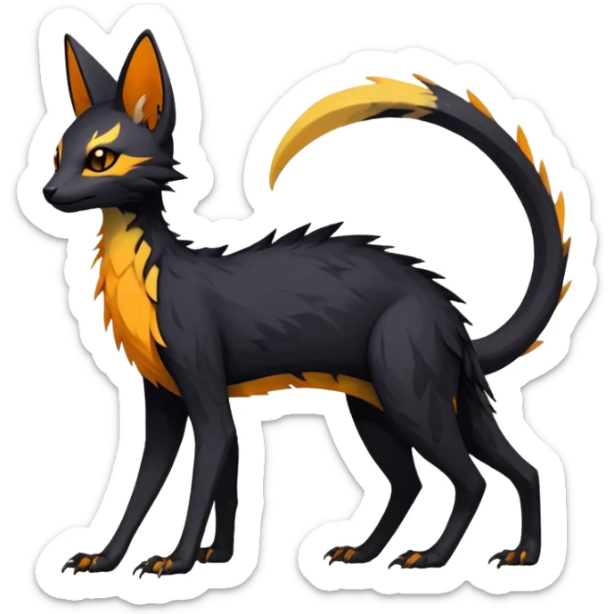 Rare realistic exotic edgy dark gothic gloomy spooky black and orange/yellow epic pretty beautiful handsome gorgeous aesthetic colorful vibrant Vernid-Trico-species-Fakemon-creature by LiLaiRa, 4 legs, 1 tail, random markings, (full body) sticker