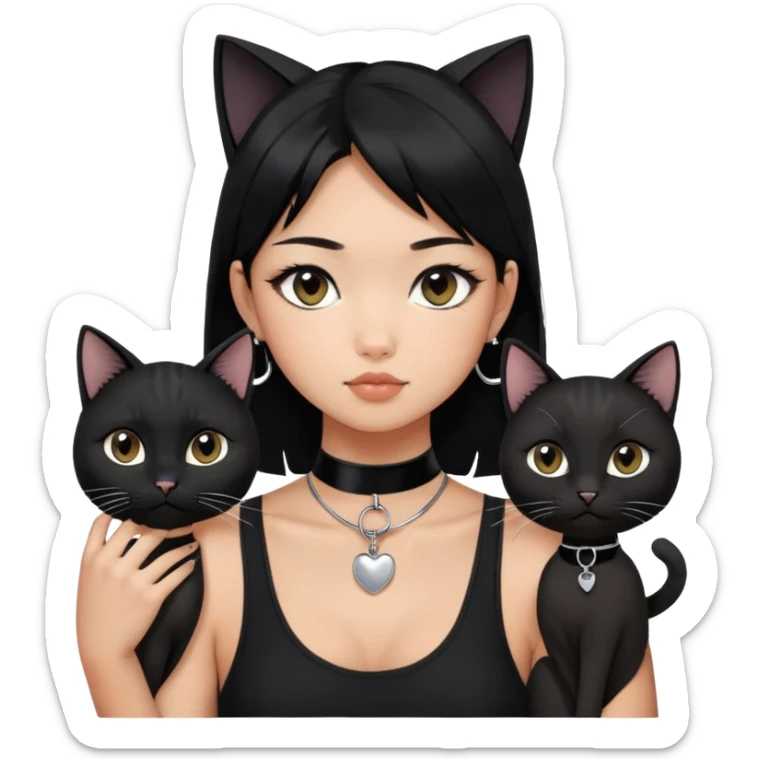 Asian girl, black hair.  Holding two BLACK cats with one cat has a round fat face. Both pure black.  The girl also wearing a black singlet, a black chocker, silver round hook earring, and wearing eyeliner.  sticker