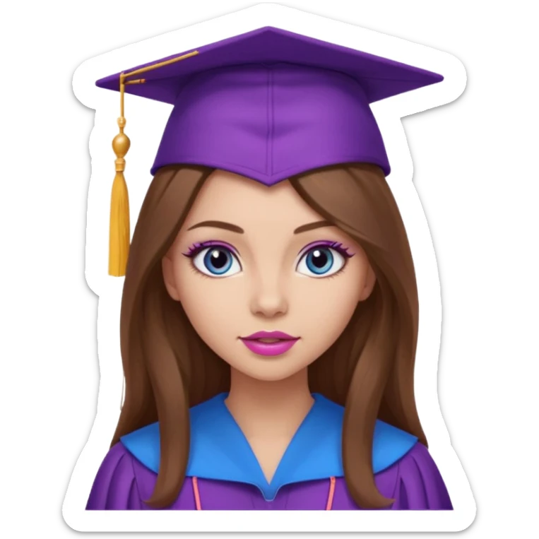 girl with beautiful long brown hair, blue eyes, long lashes makeup, sexy pink lips, wearing a purple graduation cap and gown sticker