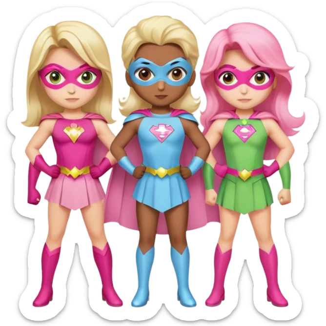 three superhero girls standing together - one in light blue costume, one in pink costume, and one in light green costume sticker