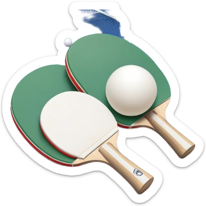 Two table tennis paddles crossed over a ping pong ball, placed on a smooth, reflective table. The background suggests a clean, minimalist playing surface, capturing the precision and fast-paced nature of the sport. sticker