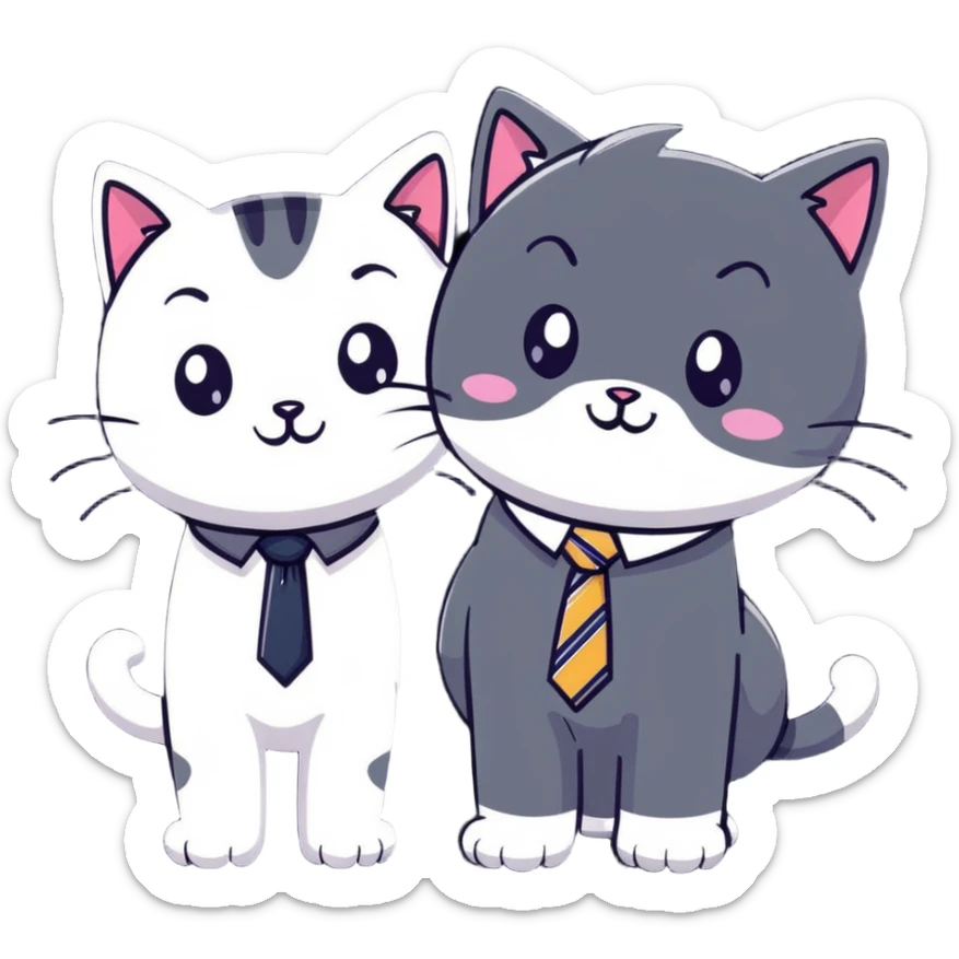 happy girl cat with eyelashes wearing a cute necktie, and happy boy cat wearing a professional necktie, standing together sticker