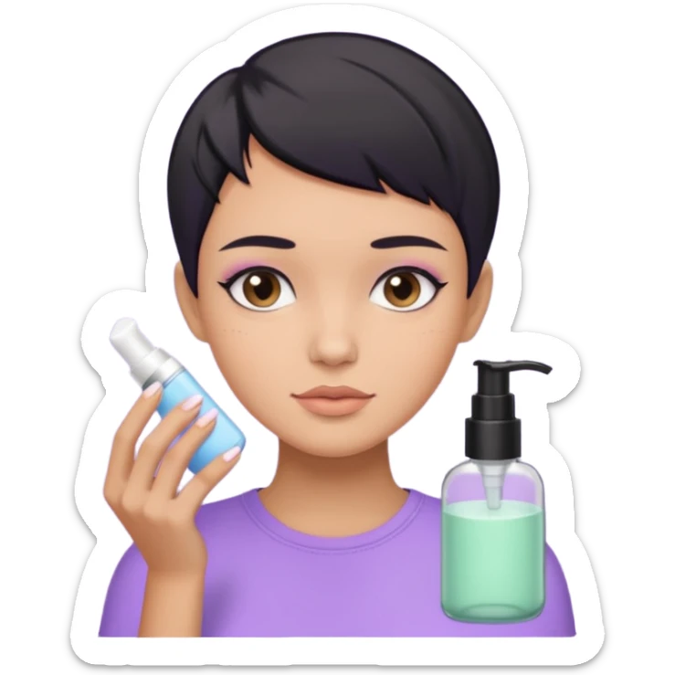 tan girl with pastel purple shirt with black hair & a pixie, doing her skin care sticker
