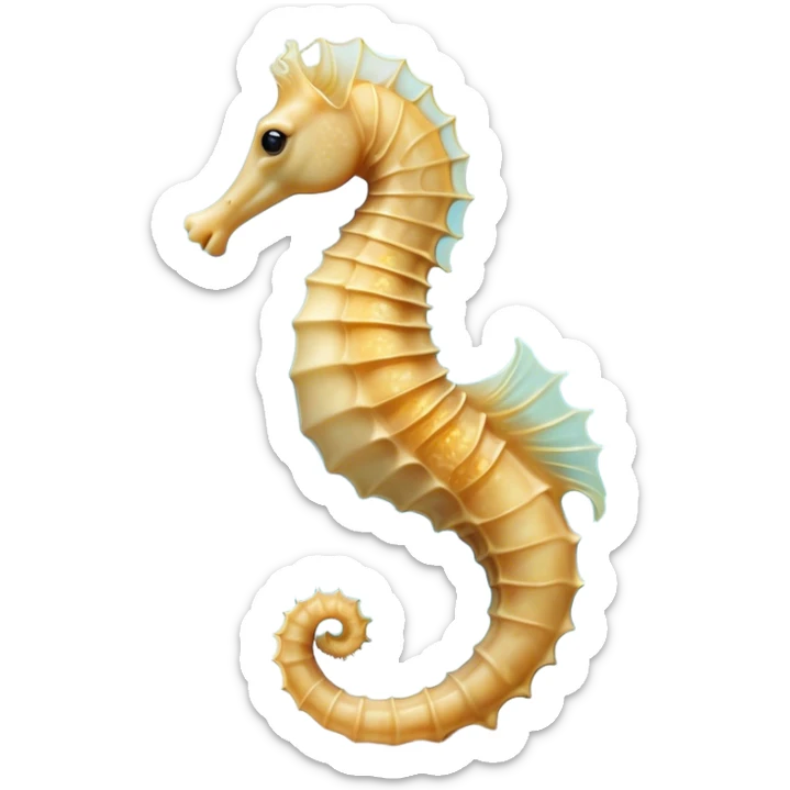 Beautiful and Majestic Sea Horse Portrait Emoji, Head and body rendered in serene repose with a gentle, content smile, showcasing a slender, elegantly curved seahorse with a softly coiled tail and eyes gently closed in peaceful slumber, Simplified yet exquisitely endearing features, highly detailed, glowing with a soft, drowsy aquatic light, high shine, relaxed and utterly enchanting, stylized with an air of majestic marine beauty, soft glowing outline, capturing the essence of a beautiful and majestic seahorse that embodies the enchanting spirit of the ocean! sticker