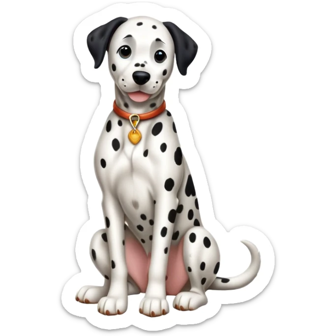 cinematic-[dalmatian dog]-realistic-full-body-sitting-emoji,-tail-resting-loosely-beside-its-paws,-head-tilted-dramatically,-sleek-[spotted]-fur,-simplified-yet-realistic-focused-features,-highly-detailed,-glowing-with-an-almost-sarcastic-glow sticker