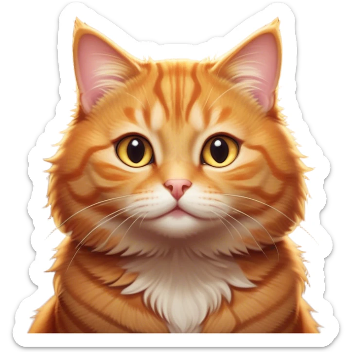 Cinematic Cute Ginger Tabby Cat Portrait Emoji, Round and plump body, soft orange-brown fur with dark tabby stripes, big, sparkling amber eyes, Simplified yet irresistibly adorable features, highly detailed, glowing with a warm, cozy glow, high shine, curious yet calm, stylized with a touch of whimsy, bright and endearing, soft glowing outline, capturing the essence of a mischievous yet lazy and lovable kitty, so cuddly it feels like it could waddle right out of the screen for a snuggle! sticker