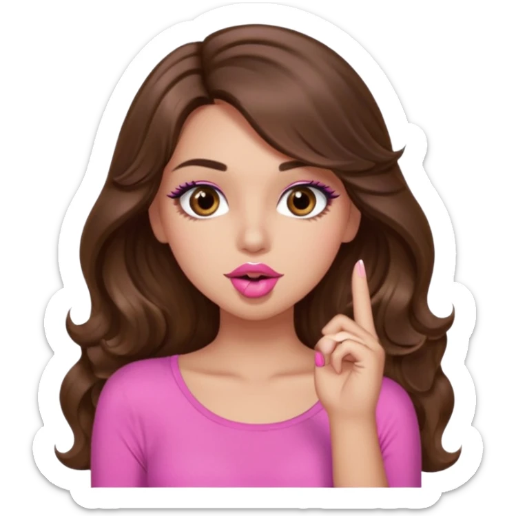 girl with long wavy brown hair, brown eyes, light to medium complexion, in a pink sexy top, pink lips, long lashes, shushing with one finger on the lips sticker