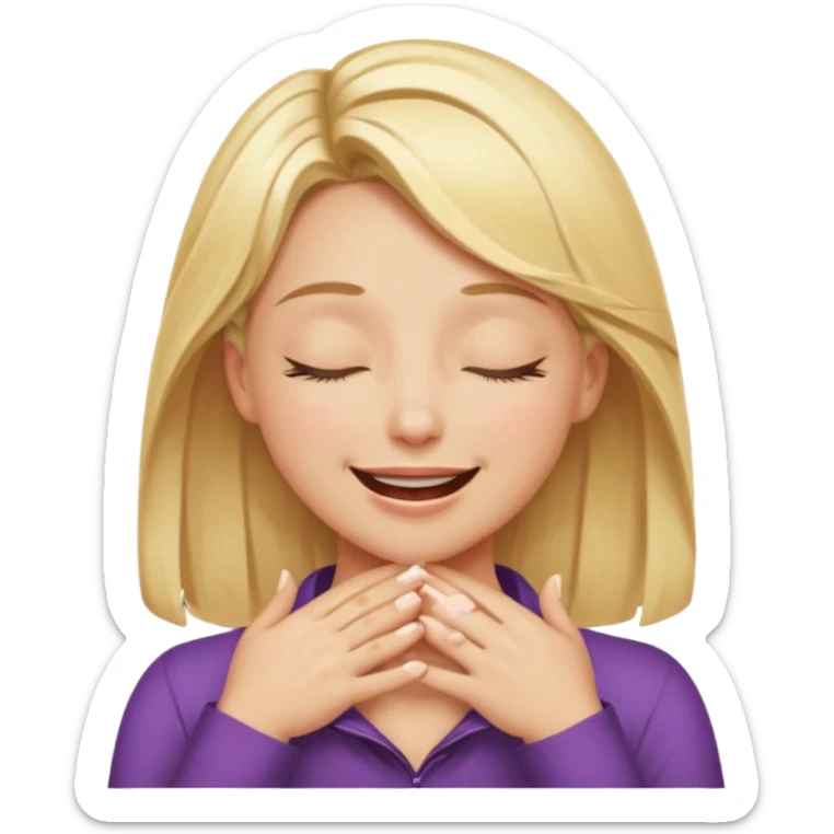 Happy blonde girl with eyes closed and mouth smiling and hands cupped around her neck - her eyes are squinty with excitment sticker