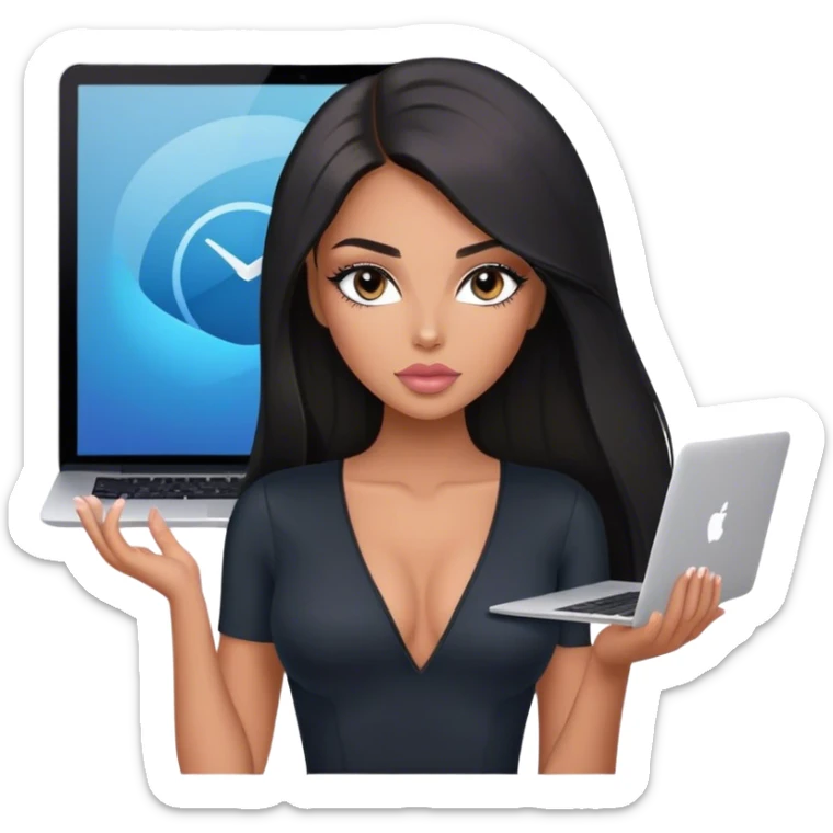 Glamours, tanned, very beautiful girl, with big pump peach-beige-rose lips, long lashes, black straight smooth silky long hair, straight parting hair, blue-grey eyes, in black v-neck bodysuit holding MacBook sticker
