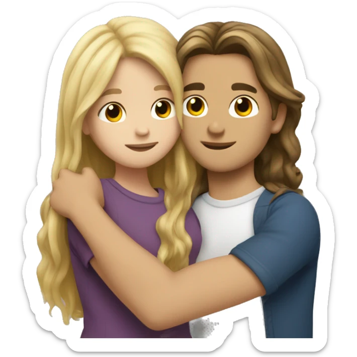 blond haired boy with long hair hugging girl with brunette hair sticker