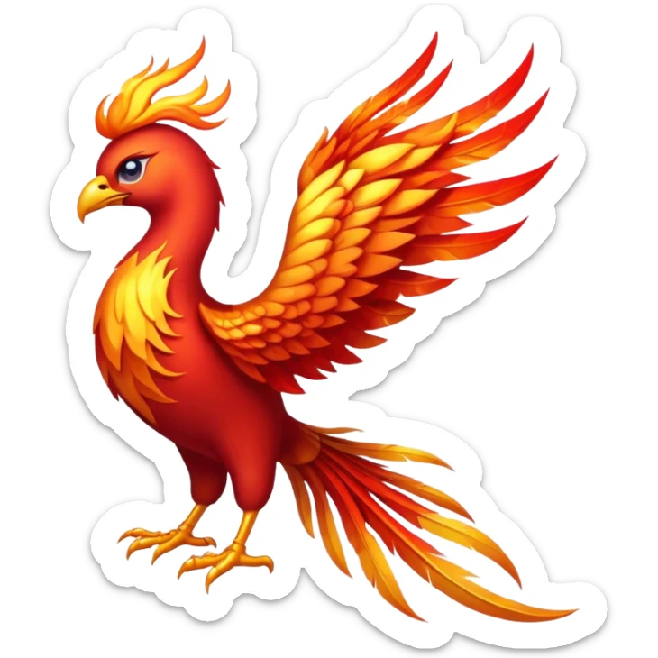 Cinematic Noble fierce & powerful Fire Phoenix Portrait Emoji, Poised and resplendent, with a radiant, fiery plumage in brilliant hues of scarlet, gold, and ember, featuring elongated, elegant tail feathers that flow like molten lava, and piercing, wise eyes reflecting the eternal cycle of rebirth; rendered with lifelike texture and luminous natural highlights, high shine, majestic and awe-inspiring, styled with an aura of mythic resurgence, focused and regal, soft glowing outline, capturing the essence of a legendary phoenix rising from the flames with timeless grace! sticker