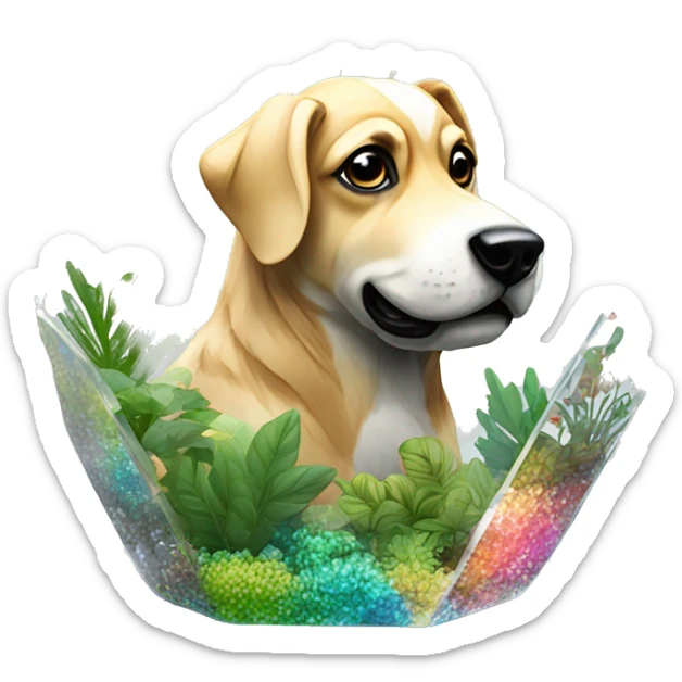 A dog made of glass mirror crystals prisms glass transparent filled with plants as a terrarium with graffiti doodles sticker