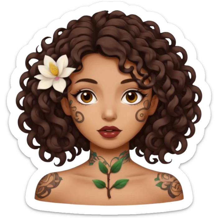 Alternative girl with curly dark brown hair and a magnolia throat tattoo sticker