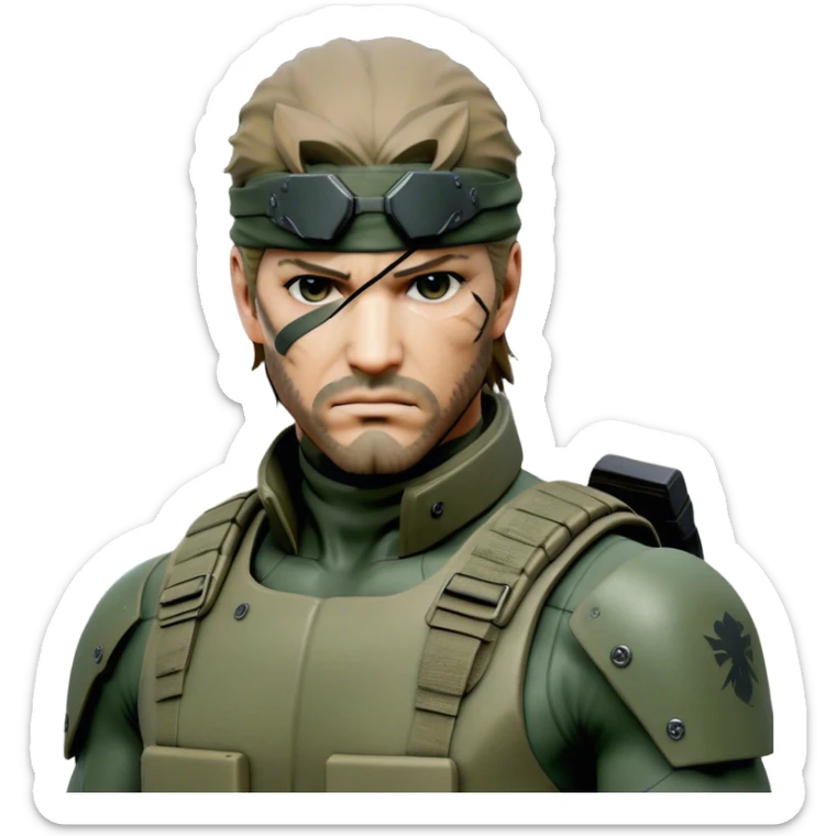 Cinematic Realistic Metal Gear Solid Snake Soldier Portrait, depicted with steely determination and tactical precision. Clad in intricately detailed combat attire in consistent muted greens, browns, and blacks, his rugged, weathered features and piercing eyes exude relentless resolve. Rendered with lifelike texture and dramatic, natural lighting, high shine, noble and stealthy, capturing the essence of a legendary soldier operating in the shadows. sticker