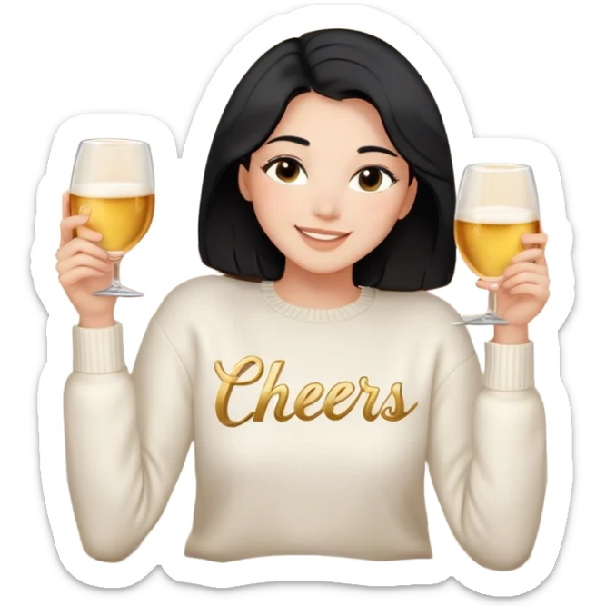 A woman with shoulder-length black hair, light to medium skin tone, full cheeks, and almond-shaped eyes, wearing a white sweater with the word 'cheers' in gold script, lying comfortably on a bed with soft lighting, joyful and radiant expression, no drinks. sticker