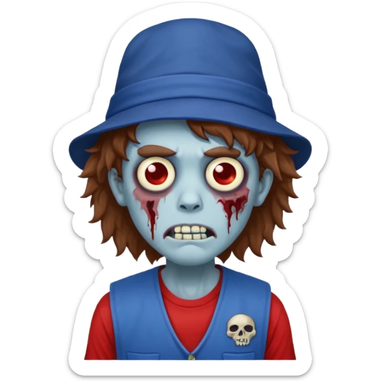 brown fluffy hair zombie with blue and white hat dark blue jilet red t shirt sticker