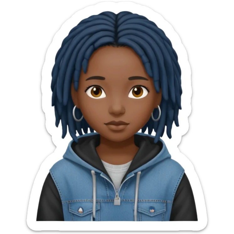 make a black girl with short black locs wearing a denim hoodie with black sleeves sticker
