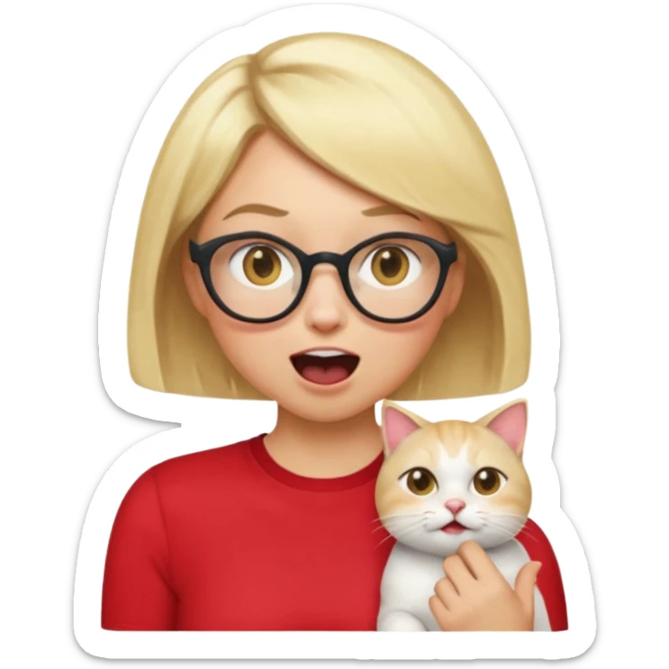 emoji style, waist-up woman with light skin, blonde bob hair, white cat-eye glasses, red shirt, hand cupped tightly around her mouth, hand very close to face as she shouts forward, excited expression, simple background sticker