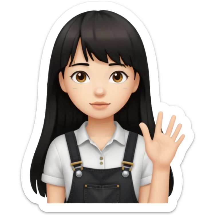 Make it a girl wil long hair like this and look like this  she has brown ish black hair and if has bangs with black overalls and a white shirt sticker