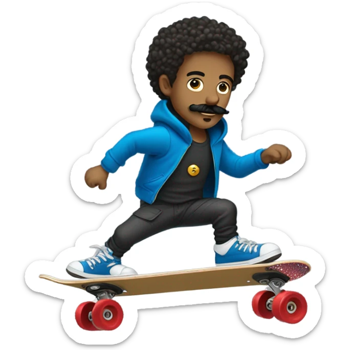 Italian guy with mustache skateboarding short curly hair with gold sparkly helmet and red wheels black cargo pants and blue sweatshirt sticker