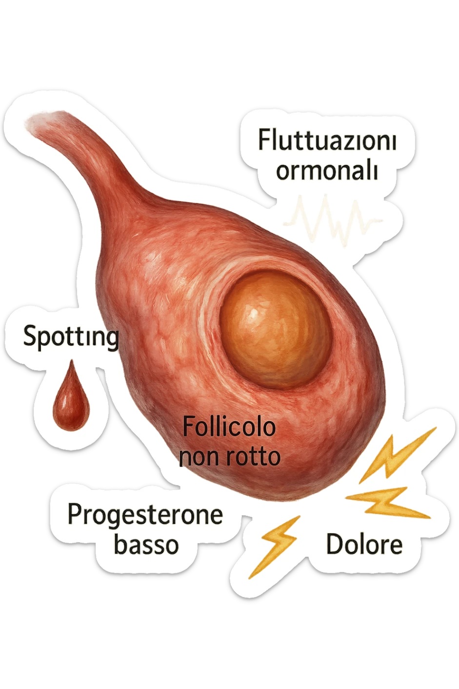 realistic and cinematic illustration of an ovary with an unruptured follicle, low progesterone, hormonal fluctuations, symptoms of spotting, pain and swelling, clinical details, captions in Italian sticker
