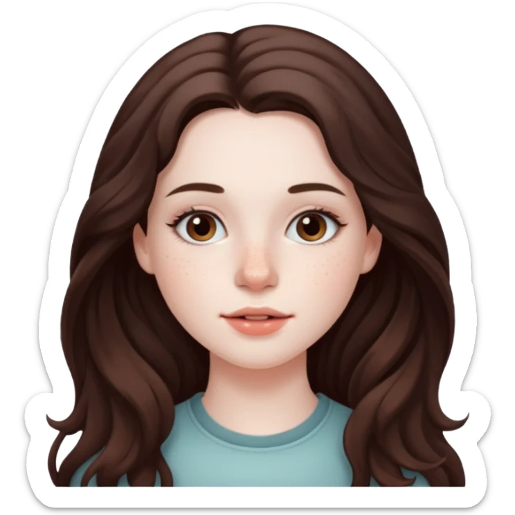 20 year old woman with pale skin, lots of dark freckles, rosy cheeks, and long straight/wavy brunnette hair. sticker