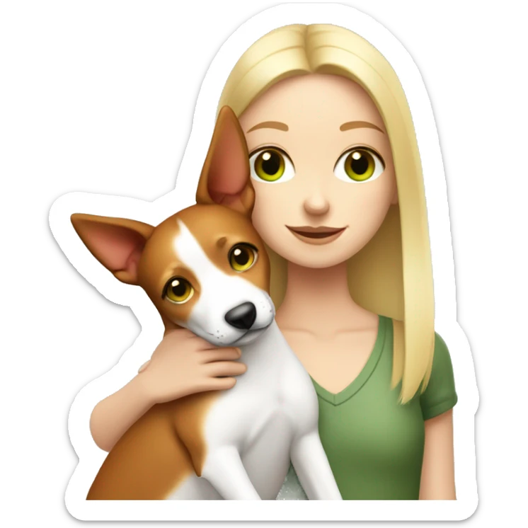 a white green eyed blonde girl hugging a red and white basenji dog sticker