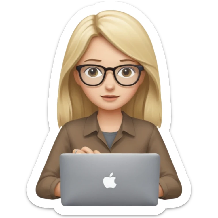 Girl in glasses, blonde long hair, sitting with MacBook , brown blouse, typing on gray MacBook sticker