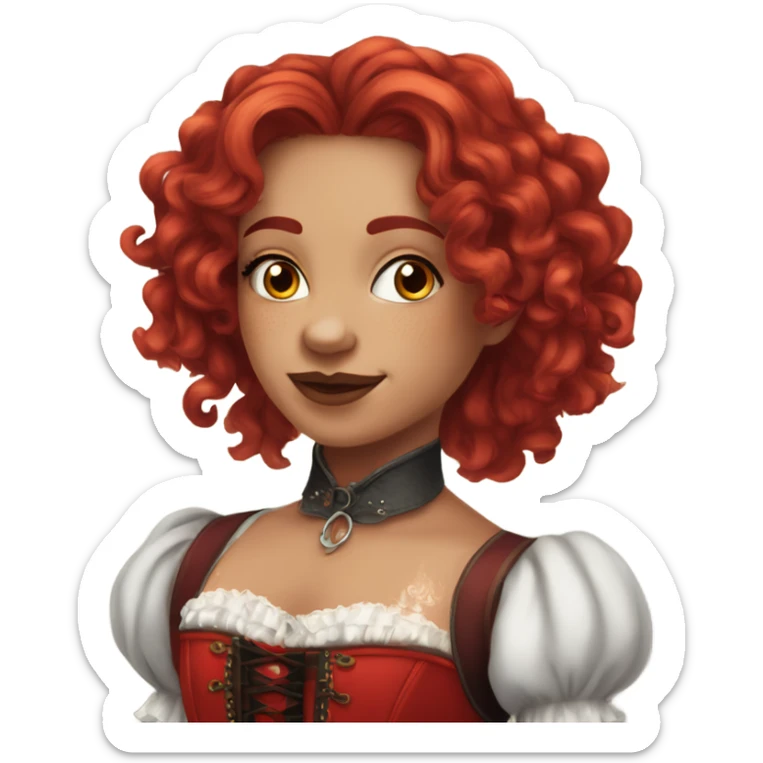 Chappell Roan with curly long red hair and colourful makeup wearing red corset sticker