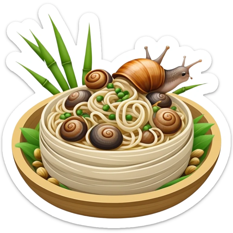 Liuzhou Snail Rice Noodles with river snails and sour bamboo, simplified emoji style with bold outlines and bright colors, cartoon style Guangxi Luosifen sticker