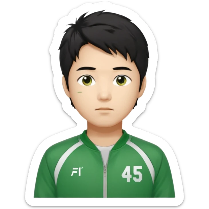 Draw Seong Gi-hun (Player 456), Korean male, messy black hair, green tracksuit with white number 456 printed on chest. sticker