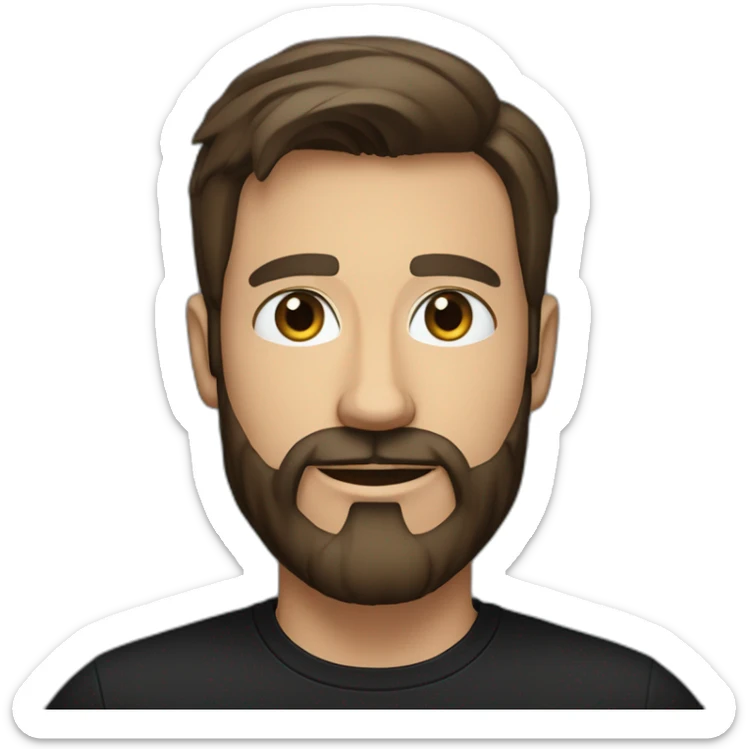 White man with a sun kissed tan, blue eyes and dark brown hair, styled sideways backwards. He has a beard and mustache trimmed. Wears s black t-shirt. sticker