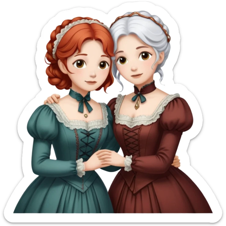 Two modest Victorian women hugging, one with white hair and one with copper red hair, wearing long Victorian dresses sticker