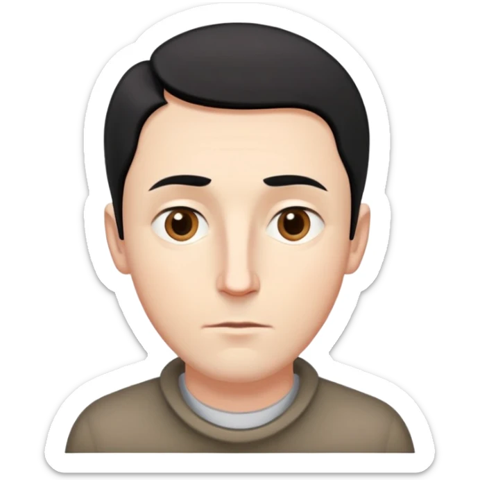 Hombre blanco, cabello chino corto, nariz ligeramente curva, lunar en mejilla derecha, cicatriz en la frente, cabeza ligeramente grande, frente ligeramente grande, ojos almendrados, cara hexagonal alargada,  sticker