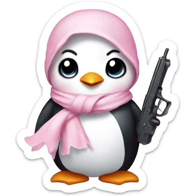 cute penguin wearing light pink bow scarf not on head and holding light pink gun  sticker