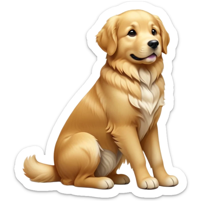 cinematic-[golden retreiver]-realistic-full-body-sitting-emoji,-tail-resting-loosely-beside-its-paws,-head-tilted-dramatically,-sleek-[golden]-fur,-simplified-yet-realistic-focused-features,-highly-detailed,-glowing-with-an-almost-sarcastic-glow sticker