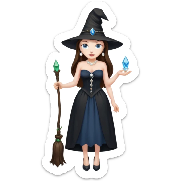 woman brunette, very large breasts, pale skin, blue eyes, long brown hair, black strapless dress, witch hat, pearl earrings, smirking, in black heels, standing, head to toe, full body, zoomed out, entire outfit visible sticker
