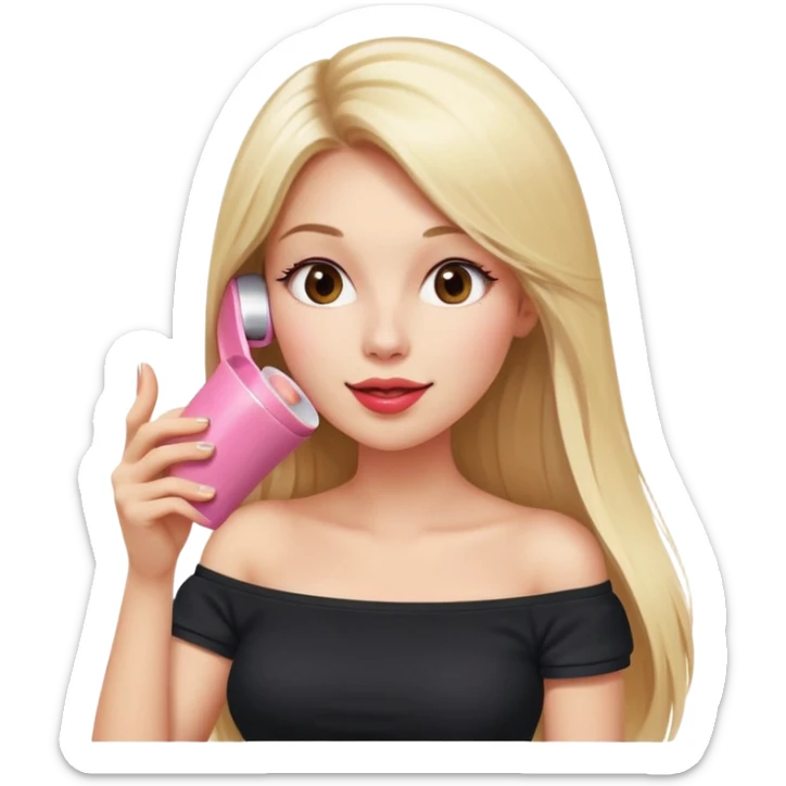 playful expression of woman with straight long blond hair, gossiping on a pink analogue phone, holding a tea cup, wearing an off-shoulder black top, red face sticker