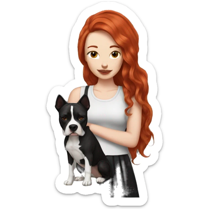 Long Red haired woman with septum piercing holding black and white English Staffordshire dog sticker