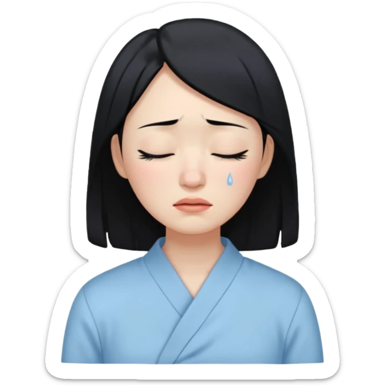 A crying East Asian woman with black hair, wearing light blue clothing. Her skin appears dry, closing her eyes and crying sticker