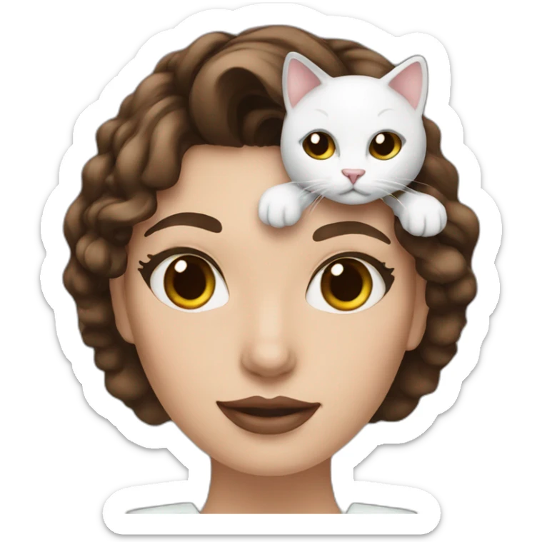 woman with brown hair wavy hair wearing makeup holding a black and white cat sticker