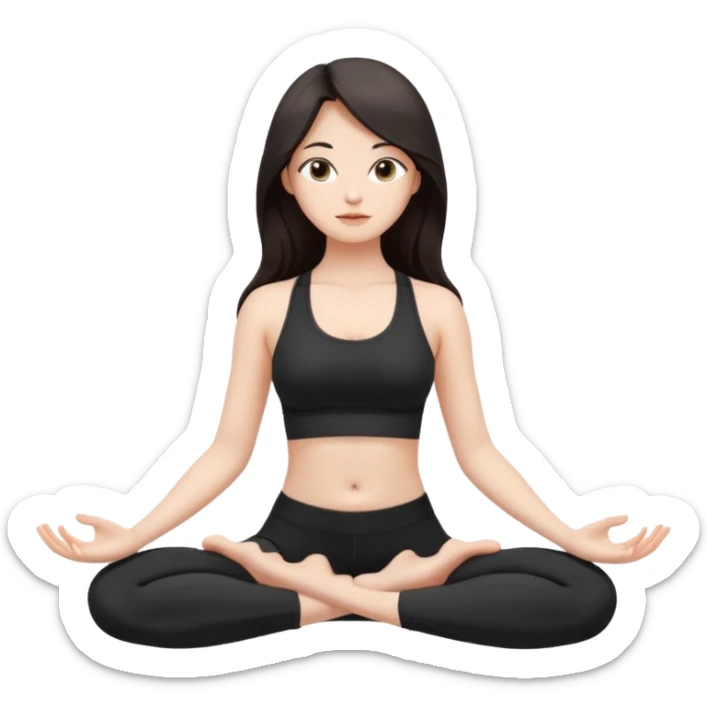 Девушка белокожая, с длинными темными волосами, в черной одежде для йоги, стоит в позе лотоса, в стиле бимбо пилатес, правильные пропорции, только человек sticker